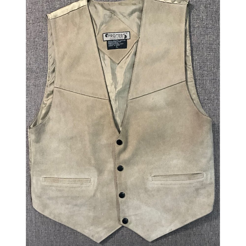 Protest Clothing Tan Suede Leather Vest D-Ring Buckle Back . Size L